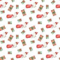 Christmas watercolor seamless pattern with gift boxes and a gray rabbit in a red knitted scarf dragging a bag of gifts. Festive illustration for wrapping paper, textiles, wallpaper, fabric vector
