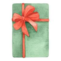 Presents. Beautiful green gift box with red bow. Watercolor hand drawn illustration. Gift box with bow covered with decorative paper. Christmas gift. Isolated vector