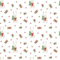 Christmas watercolor seamless pattern with gift boxes and a gray rabbit in a red knitted scarf holding a Christmas tree. Festive illustration for wrapping paper, textiles, wallpaper, fabric vector