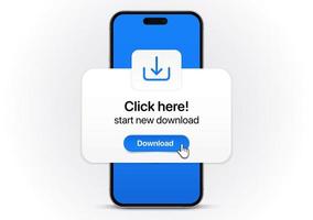 3D blue download button popup bubble icon with smartphone. Upload icon. Down arrow bottom side symbol. Click here button. Save cloud icon push button for UI UX, website, mobile application. vector