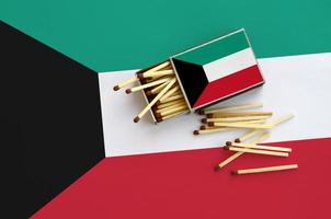 Kuwait flag is shown on an open matchbox, from which several matches fall and lies on a large flag photo