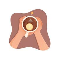 A cup of tea during a break in the workday. Vector illustration of a hot cup of tea with lemon. Lunch at work.