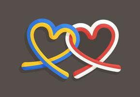 Friendship between Ukraine and Poland. Vector illustration of heart-shaped ribbons with flags of Poland and Ukraine.