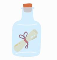 Message in bottle. Letter and pirate note. Blue glass. vector