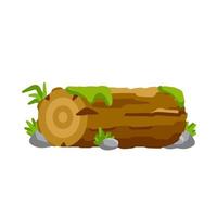 Vector brown log with green moss and stone. Building wood material, natural element. Environment of forest. Set of cartoon illustration