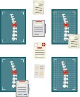 columna vertebral en la imagen de rayos x. los huesos de la espalda. conjunto de documento médico. un punto rojo de dolor. lesión de la columna vertebral. postura pobre. cuidado de la salud. vértebra blanca. ilustración plana caroon vector