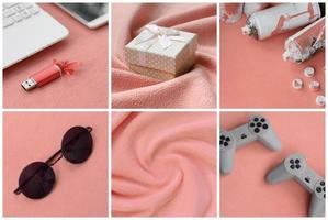 A set of pictures with fashionable youth objects on a soft fleece surface. Pastel peach color photo