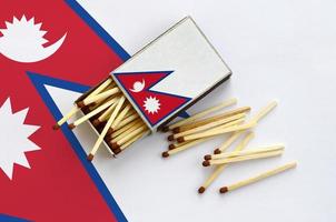 Nepal flag is shown on an open matchbox, from which several matches fall and lies on a large flag photo