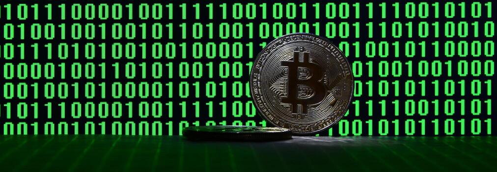 A pair of bitcoins lies on a cardboard surface on the background of a monitor depicting a binary code of bright green zeros and one units on a black background. Low key lighting photo