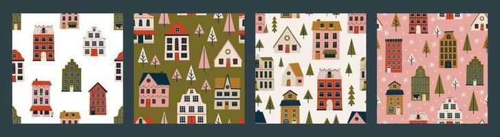 Merry Christmas and Happy New Year set of seamless pattern with various tiny houses. Modern hand draw illustrations. Colorful contemporary art vector