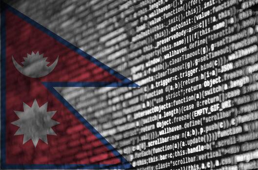 la bandera de nepal se representa en la pantalla con el código del programa. el concepto de tecnología moderna y desarrollo de sitios foto