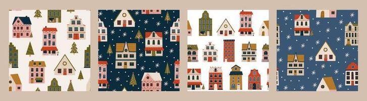 Merry Christmas and Happy New Year set of seamless pattern with various tiny houses. Modern hand draw illustrations. Colorful contemporary art vector