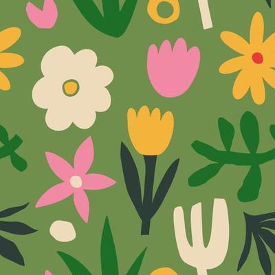 Aesthetic Contemporary printable seamless pattern with retro groovy flowers. Decorative Naive 60's, 70's style Vintage boho background in minimalist mid century style for fabric, wallpaper or wrapping