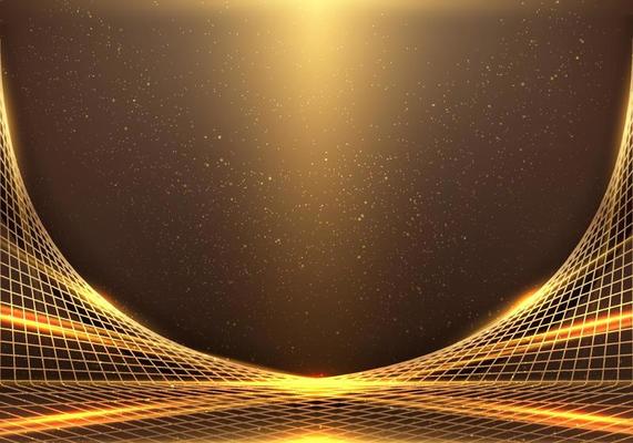 Abstract elegant golden lines grid perspective with lighting effect and dust particles on brown background luxury style