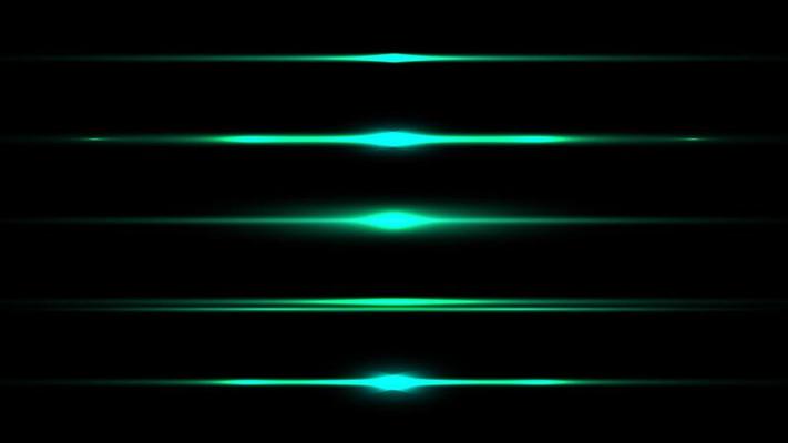 Set of elements horizontal glowing green light ray effect isolated on black background.