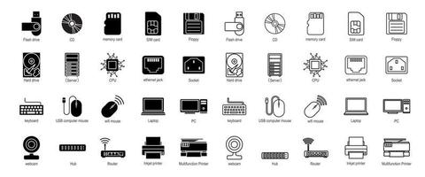 Set of Computer Hardware icons, isolated on white background. vector