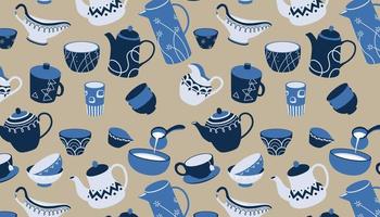 Vector seamless pattern of teapot, cup and bowl.