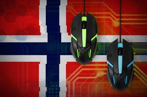 Norway flag and two mice with backlight. Online cooperative games. Cyber sport team photo