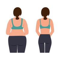 mujer joven con sobrepeso en ropa deportiva. obesidad mujer. el personaje femenino joven posa en la colección de vistas frontales, laterales y traseras