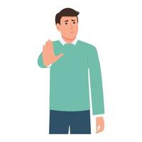 Man  saying no, showing denial or rejection sign, gesturing stop with hand. Flat vector illustration white background