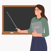 Smilling teacher at blackboard in classroom. Teacher with pointer, showing something on board. Vector illustration