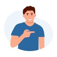 Guy presenting and points to something. Man shows a direction with a finger.Vector illustration vector