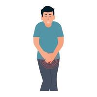 Man feeling severe pain in the lower abdomen. Bladder disease. Pain during cystitis, urethritis, incontinence or other problems of the urethra. Symptoms of prostatitis.Isolated, vector illustration