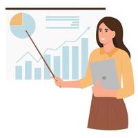 Office worker showing report at whiteboard with pointer. Working with statistics and evaluating information and data.  Vector illustration isolated