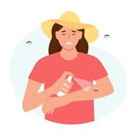 mujer joven estresada rociando repelente de insectos en su mano. aplicación de spray para mosquitos. ilustración vectorial vector