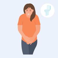 Stressed woman standing and want to pee.  Anxious girl  with a full bladder need a toilet, desperation and stress. Vector illustration.