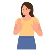 Young woman  expressing disagreement,  saying no with her gesture. Rejection and personal boundaries. negative gesture.Vector illustration isolated vector