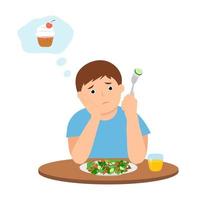 Cute kid do not want eat salad.  Boy is dreaming about cake.A sad  child  is sitting at the table with a plate of salad. Vector illustration