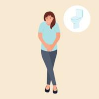 Woman standing and want to pee.  Person with a full bladder need a toilet, desperation and stress. Vector illustration