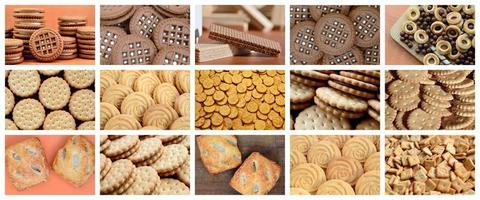 A collage of many pictures with various sweets close-up. A set of images with varieties of biscuits, bagels and candies photo