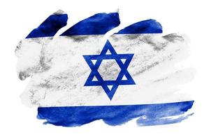 Israel flag is depicted in liquid watercolor style isolated on white background photo