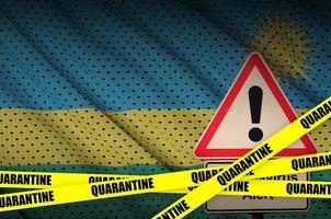 Rwanda flag and Covid-19 quarantine yellow tape. Coronavirus or 2019-nCov virus photo