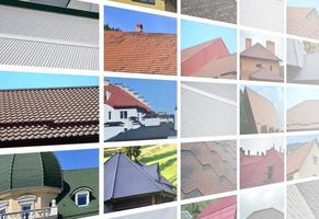 A collage of many pictures with fragments of various types of roofing. Set of images with roofs photo