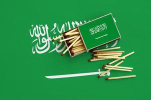 Saudi Arabia flag is shown on an open matchbox, from which several matches fall and lies on a large flag photo