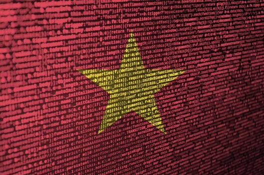 la bandera de vietnam se representa en la pantalla con el código del programa. el concepto de tecnología moderna y desarrollo de sitios foto