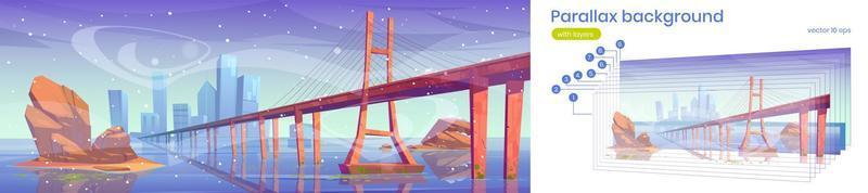 fondo de paralaje con lago de invierno con puente vector