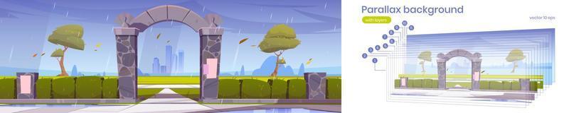 Parallax background stone gates to city park 2d vector