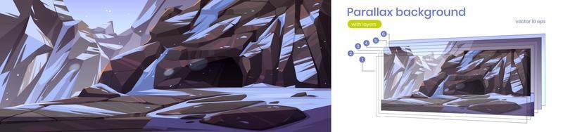 Parallax background with mountains, cave and snow vector