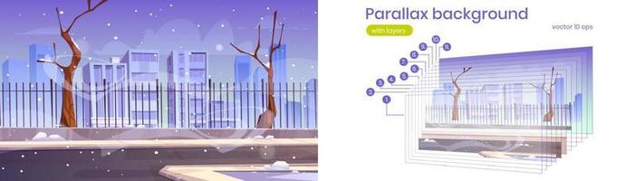 Parallax background with city street with snow vector