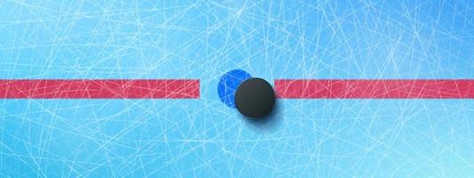 Hockey puck on blue ice rink top view background vector