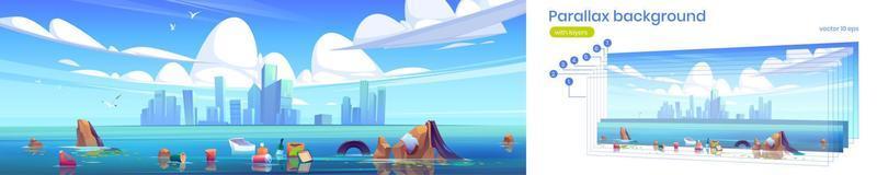 Parallax background with lake with trash in water vector