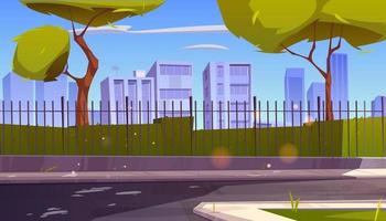 City street with park and buildings behind fence vector