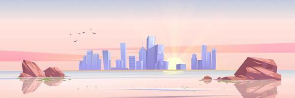 paisaje marino con ciudad en el horizonte al amanecer vector