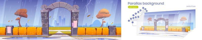 Parallax background stone gate to autumn city park vector