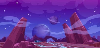 Spaceship on alien planet surface at night vector