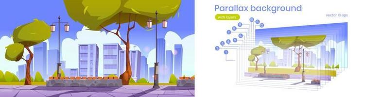 Parallax background with city park with bench vector